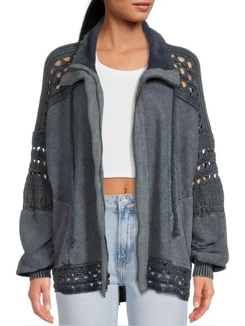 Free people Dune Bug crochet cardigan zip up jacket denim blue small oversized